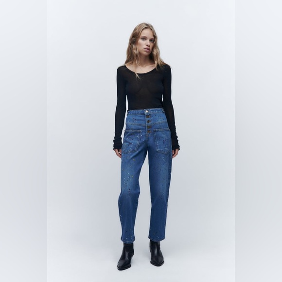 ZARA THE RISE CROPPED PAINTER ZW JEANS - Picture 2 of 10